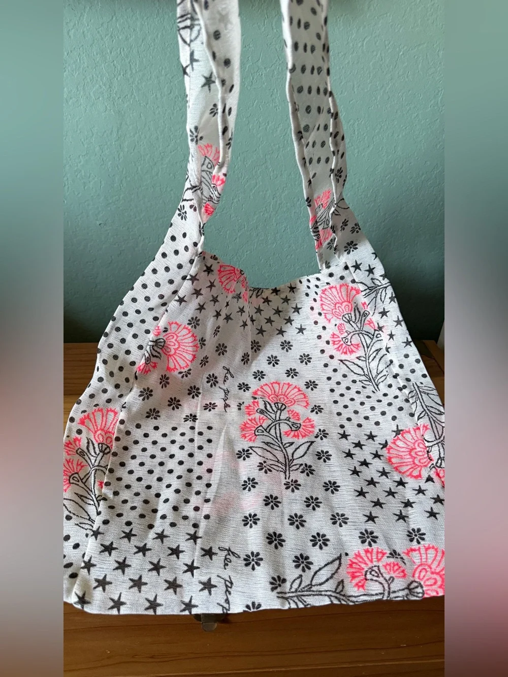 Free People Cotton Tote Bag 15x15 Ivory Black Pink Floral Print 31” Strap